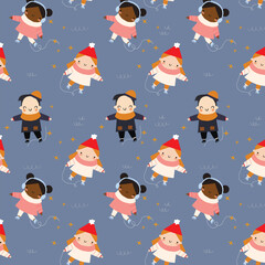 Vector pattern with children skating on ice. Vector drawing of people skating, Merry Christmas or Happy New Year's seamless pattern