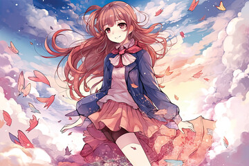 Obraz na płótnie Canvas girl in the sky Anime kawaii watercolor