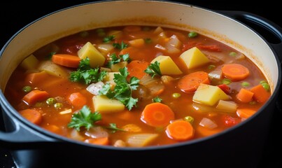  a pot of stew with carrots, potatoes and parsley.  generative ai