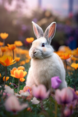 Easter bunny on green grass field, spring meadow. Generative AI