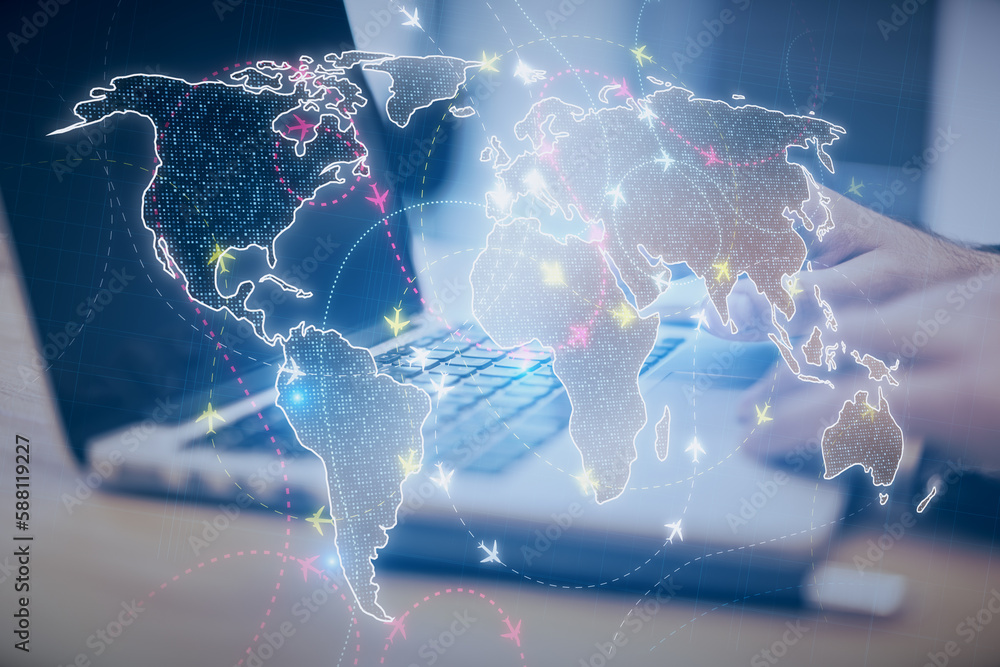 Poster Close up of workplace with businessman hands using devices with glowing digital map with ariplanes on blurry background. Flight routes network and global transportation. Double exposure.