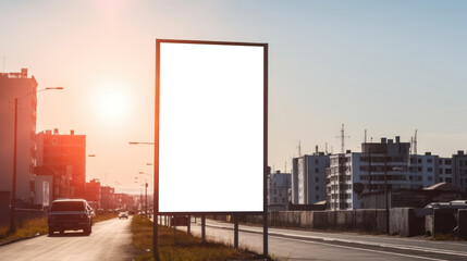 Fototapeta na wymiar Billboard canvas mock up city background beautiful sun. Generative AI