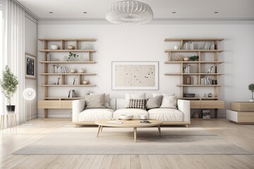 modern living room with a white couch and wooden shelves. Generative AI