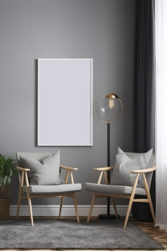 Mockup poster frame in modern interior background, living room. Generative AI