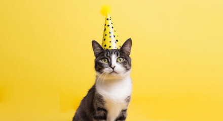 grey cat with yellow birthday hat with stars, yellow background, free copy space. Generative AI