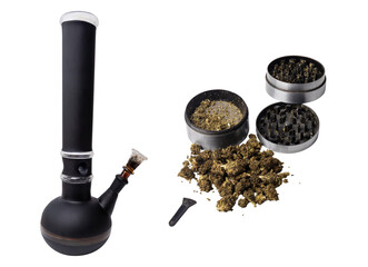 bong, marijuana grinder and Dried cannabis buds isolated on transparent background png