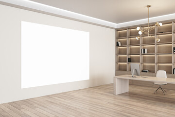 Modern wooden office interior with blank mock up banner on wall, bookshelf and desktop with equipment. 3D Rendering.