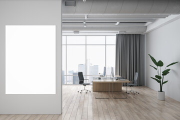 Modern coworking office interior with empty mock up poster, wooden flooring, panoramic window and city view, curtains, furniture and decorative items. 3D Rendering.