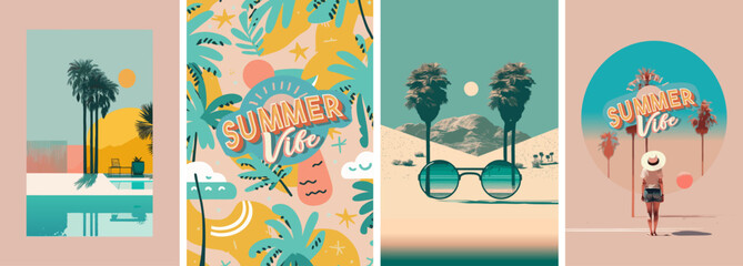 Summer vibe. Vector illustrations of sunglasses, t-shirt print, pattern, resort and landscape for background, poster or flyer
