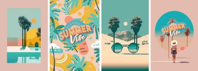 Fotobehang Summer vibe. Vector illustrations of sunglasses, t-shirt print, pattern, resort and landscape for background, poster or flyer © Ardea-studio