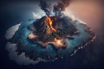 Volcano erupting, earthquake and natural disaster, huge smoke cloud and lava flows, fire in nature, generative ai illustration