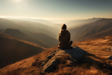 Fototapeta premium Woman in yoga zen pose meditating on a mountain at sunrise or sunset. Balance and stability, meditation relaxation and peace. Natural therapy contemplation therapy. Ai generated