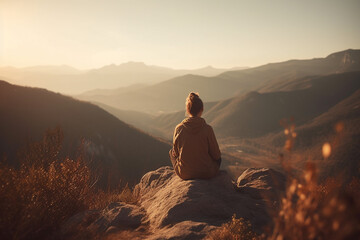 Woman in yoga zen pose meditating on a mountain at sunrise or sunset. Balance and stability, meditation relaxation and peace. Natural therapy contemplation therapy. Ai generated