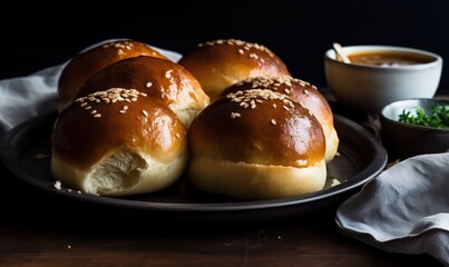  a plate of rolls with sesame seeds on top of them.  generative ai