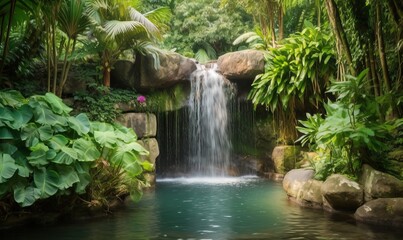  a small waterfall in a tropical garden with lush green foliage.  generative ai