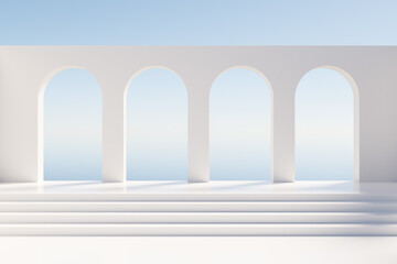 3D arched wall and stairs under blue sky