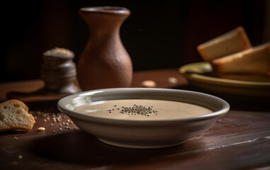 A bowl of smooth tahini, with a backdrop of ceramic kitchenware, fresh bread, and sprinkled sesame seeds, showcasing its versatility in culinary uses.