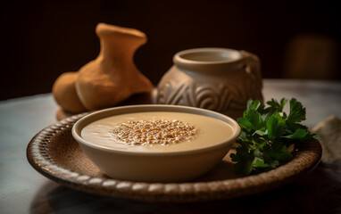 Traditional ceramic tableware showcasing a creamy soup garnished with seeds, accompanied by fresh herbs, presenting a rustic culinary experience.