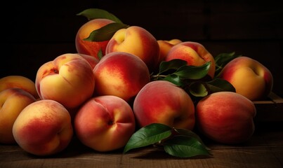 Naklejka na ściany i meble a pile of peaches sitting on top of a wooden table. generative ai