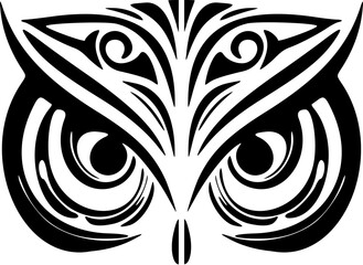 ﻿Monochrome owl face tattoo with Polynesian designs.