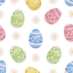 Easter seamless cartoon pattern with hand drawn Easter eggs and spring flowers on a white background. Pastel colors, modern style. Vector spring pattern texture for fabric, textile, gift paper