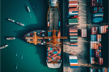 Storage of containers in logistics port terminal for export with multi-colored aerial view from above anchored in busy harbour, with workers in the background. Generative AI - obrazy, fototapety, plakaty