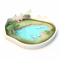 Travel and vacation background. 3d illustration with cut of the ground and the grass landscape with the cut of the pond. Baby nature isolated on white Generative AI