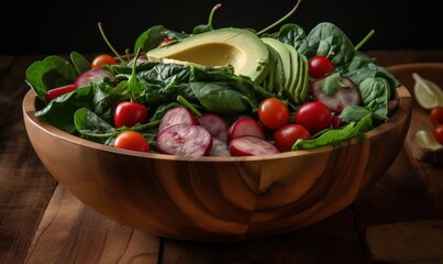  a wooden bowl filled with spinach, tomatoes and avocado.  generative ai