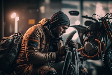 Pre-Ride Preparation: Motorcycle Rider Laying Out Gear Next to Bike. Generative AI