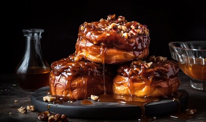  a stack of doughnuts covered in caramel and nuts.  generative ai