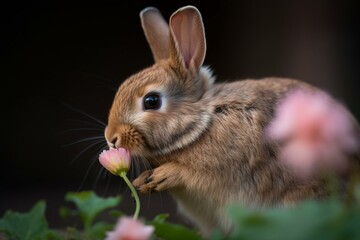 Fototapeta premium The rabbit nibbling on a pink flower Generative AI
