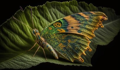  a colorful butterfly sitting on top of a green leaf on a black background.  generative ai