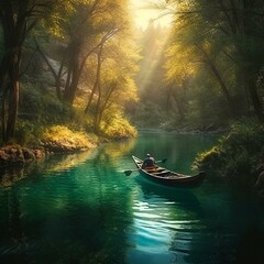 "Beautiful nature, green forests, crystal-clear river flows silently, smoothly bends. A man, flexible, strong, floats downstream, skillfully steering the boat. Huge fish, fast, str Generative AI