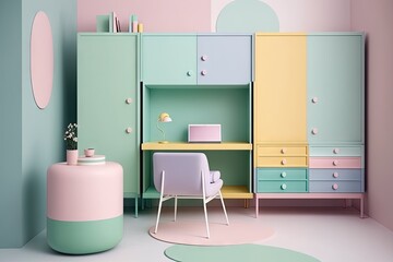 Pastel Paradise: Beautiful and Productive Workspace with Colorful Office Furniture. Generative AI