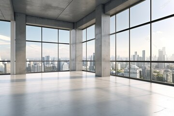 Illustration of an empty room with panoramic windows showcasing a breathtaking city view. Generative AI
