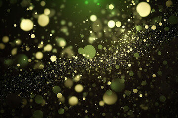 Fototapeta na wymiar green and gold colored glowing glow bokeh out of focus blurred particles and lights and waves. Abstract glamour high tech technology background. Generative AI