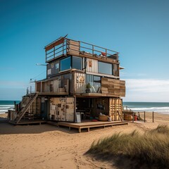 Tiny houses made out of used shipping containers with wooden external cladding, glamping, glamorous camping, AI generative