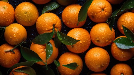 Tangerines on black background, flat lay, top view, AI generative