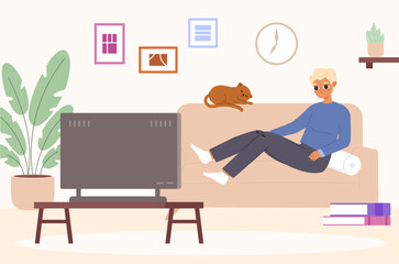 Student rest on sofa and watch TV. Young man in living room, relaxing and sleeping. Evening at home after work or study, vector cartoon scene