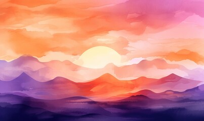 Naklejka na ściany i meble a painting of a sunset over a mountain range with clouds. generative ai