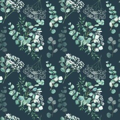 Seamless watercolor pattern with eucalyptus, gypsophila and pistachio branches on dark blue background. Can be used for wedding prints, gift wrapping paper, kitchen textile and fabric prints.