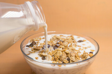 muesli in a glass bowl with milk