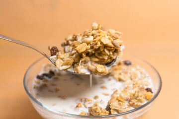muesli in a glass bowl with milk