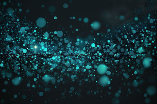 teal and black colored glowing glow bokeh out of focus blurred particles and lights and waves.  Abstract glamour high tech technology background. Generative AI