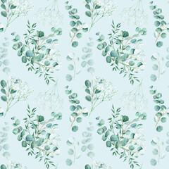 Fototapeta na wymiar Seamless watercolor pattern with eucalyptus, gypsophila and pistachio branches on blue background. Can be used for wedding prints, gift wrapping paper, kitchen textile and fabric prints.
