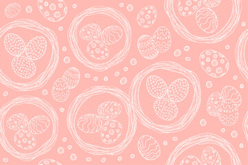 Seamless background for the holiday of Easter. Eggs in nests, white vector illustration on a pink background. Easter background with decorated eggs
