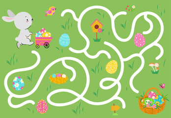 Kids easter maze game. Eggs hunter with cute cartoon bunny. Find right way, children paper play labyrinth. Springtime festive nowaday vector template