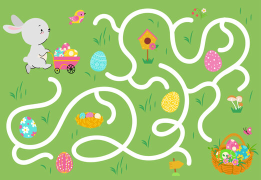 Kids easter maze game. Eggs hunter with cute cartoon bunny. Find right way, children paper play labyrinth. Springtime festive nowaday vector template