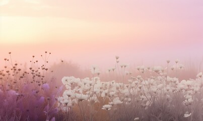  a field of flowers with a pink sky in the background.  generative ai