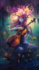 Fototapeta premium A fantasy illustration of a female musician playing the cello in an enchanted forest, surrounded by mysterious lights and shapes generated by AI.